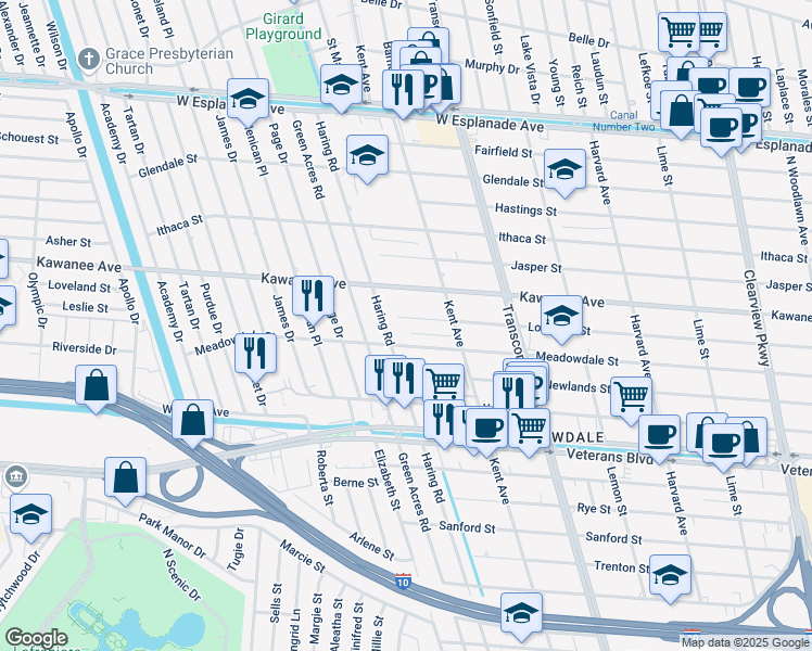 map of restaurants, bars, coffee shops, grocery stores, and more near 5249 Loveland Street in Metairie