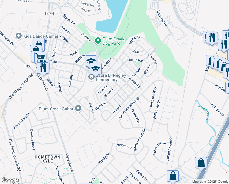 map of restaurants, bars, coffee shops, grocery stores, and more near 335 Strawn in Kyle