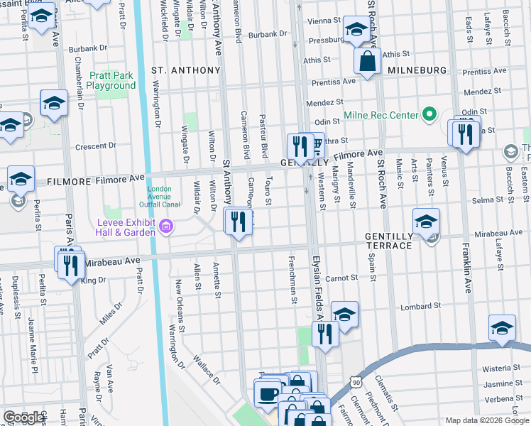 map of restaurants, bars, coffee shops, grocery stores, and more near 2069 Selma Street in New Orleans