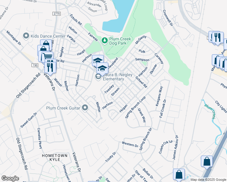 map of restaurants, bars, coffee shops, grocery stores, and more near 295 Strawn in Kyle