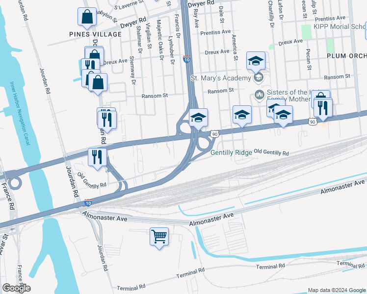 map of restaurants, bars, coffee shops, grocery stores, and more near 6420 Chef Menteur Highway in New Orleans