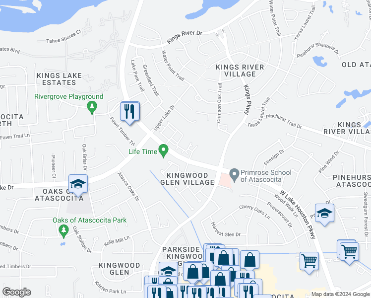 map of restaurants, bars, coffee shops, grocery stores, and more near 20519 Whiteberry Court in Humble