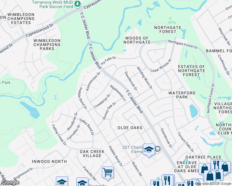map of restaurants, bars, coffee shops, grocery stores, and more near 15626 Ripplewind Lane in Houston
