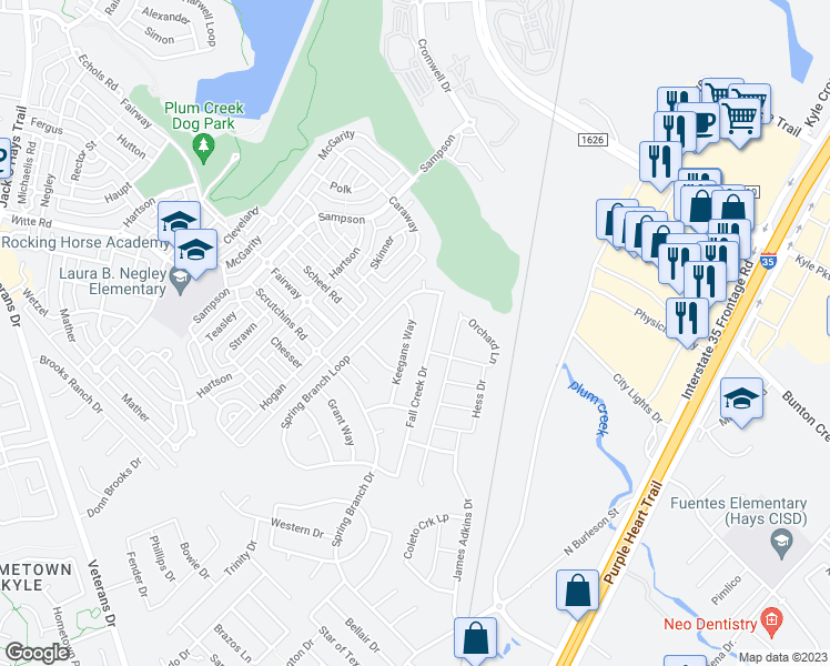 map of restaurants, bars, coffee shops, grocery stores, and more near 156 Keegans Way in Kyle