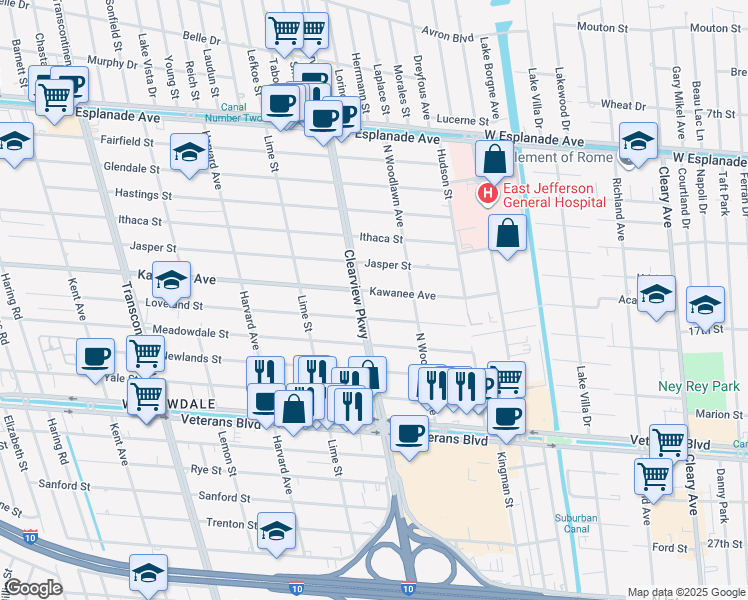 map of restaurants, bars, coffee shops, grocery stores, and more near 4540 Kawanee Avenue in Metairie