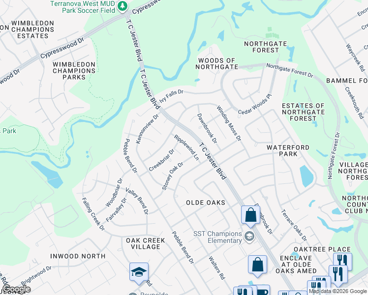 map of restaurants, bars, coffee shops, grocery stores, and more near 15626 Ripplewind Lane in Houston