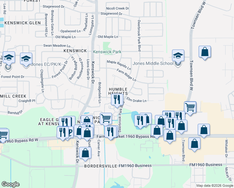 map of restaurants, bars, coffee shops, grocery stores, and more near 19911 Malletia Drive in Humble