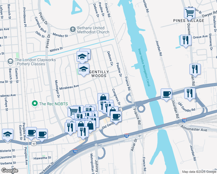 map of restaurants, bars, coffee shops, grocery stores, and more near 4725 Congress Drive in New Orleans