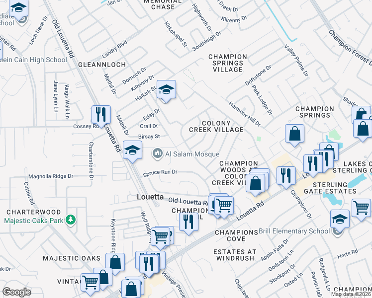 map of restaurants, bars, coffee shops, grocery stores, and more near 9419 Wallingham Drive in Spring