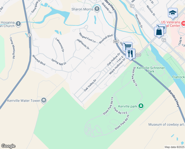 map of restaurants, bars, coffee shops, grocery stores, and more near 608 Oak Hollow Drive in Kerrville