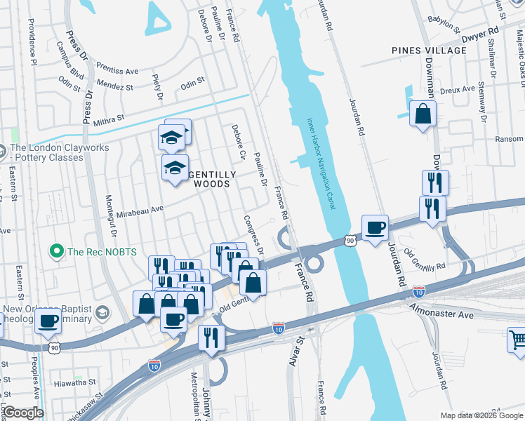 map of restaurants, bars, coffee shops, grocery stores, and more near 4777 Pauline Drive in New Orleans
