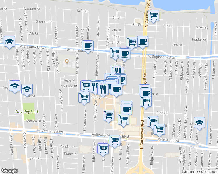map of restaurants, bars, coffee shops, grocery stores, and more near in Metairie