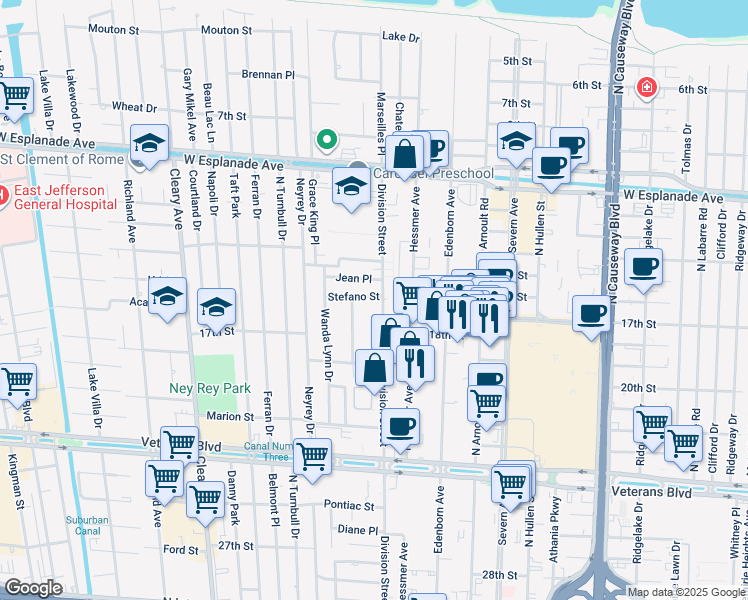 map of restaurants, bars, coffee shops, grocery stores, and more near 3718 Jean Place in Metairie