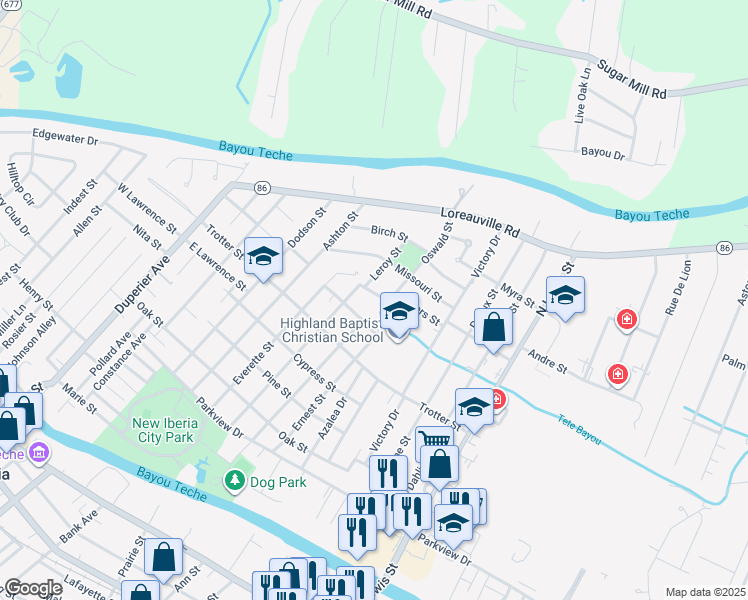 map of restaurants, bars, coffee shops, grocery stores, and more near 706 Leroy Street in New Iberia