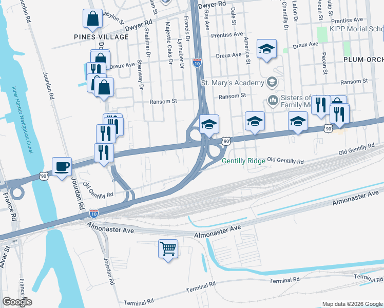 map of restaurants, bars, coffee shops, grocery stores, and more near 6324 Chef Menteur Highway in New Orleans