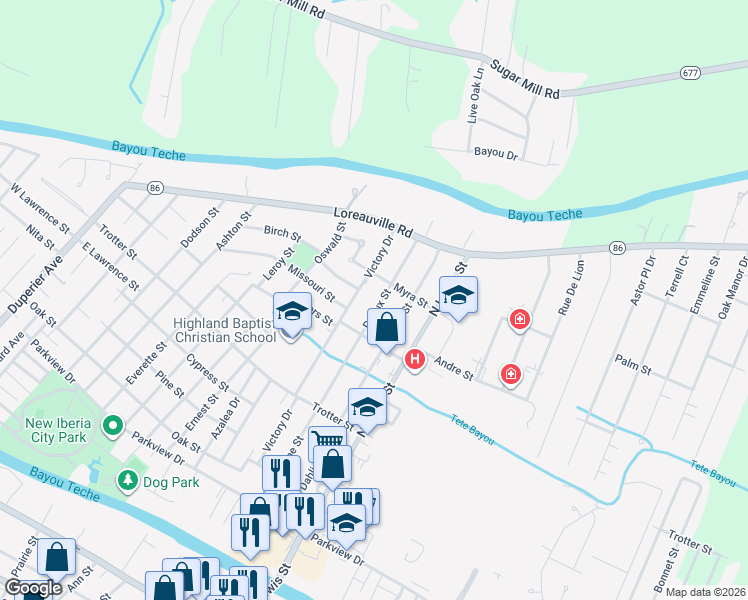 map of restaurants, bars, coffee shops, grocery stores, and more near 710 Victory Drive in New Iberia