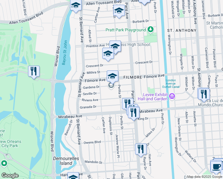 map of restaurants, bars, coffee shops, grocery stores, and more near 1456 Gardena Drive in New Orleans