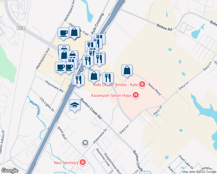 map of restaurants, bars, coffee shops, grocery stores, and more near 5896 Kyle Parkway in Kyle