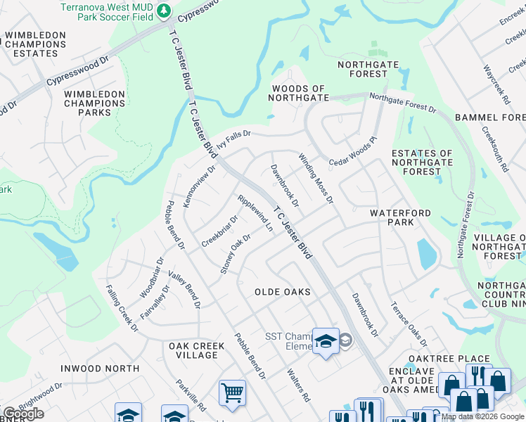 map of restaurants, bars, coffee shops, grocery stores, and more near 15610 T C Jester Boulevard in Houston