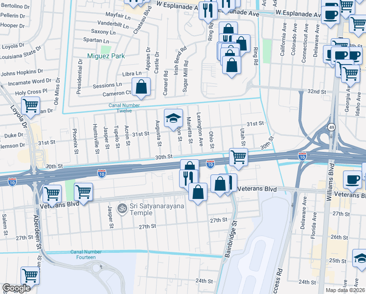 map of restaurants, bars, coffee shops, grocery stores, and more near 3032 Tifton Avenue in Kenner