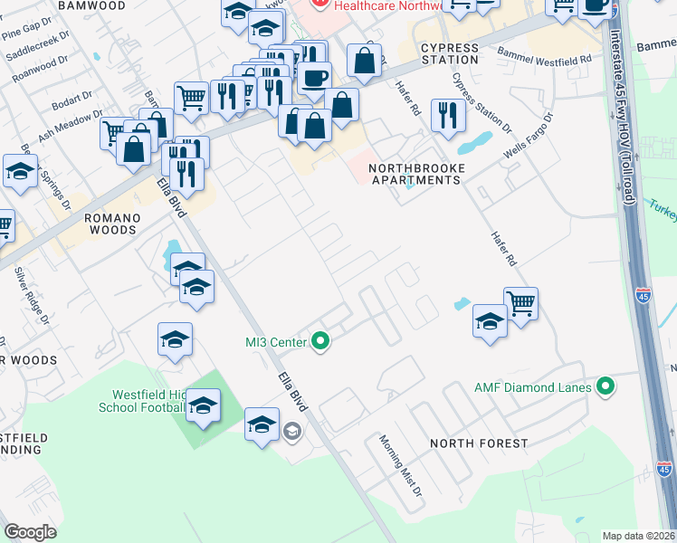 map of restaurants, bars, coffee shops, grocery stores, and more near 826 Ellerton Lane in Houston
