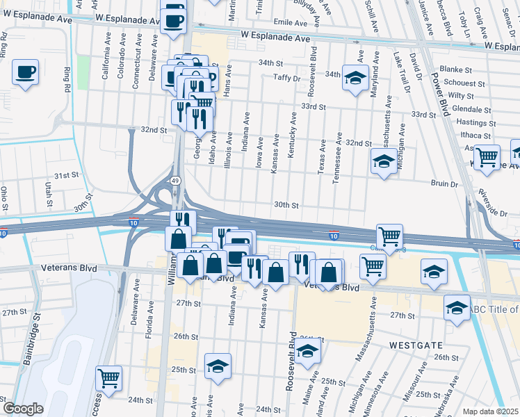 map of restaurants, bars, coffee shops, grocery stores, and more near 3001 Iowa Avenue in Kenner