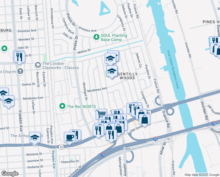 map of restaurants, bars, coffee shops, grocery stores, and more near 4608 Mirabeau Avenue in New Orleans