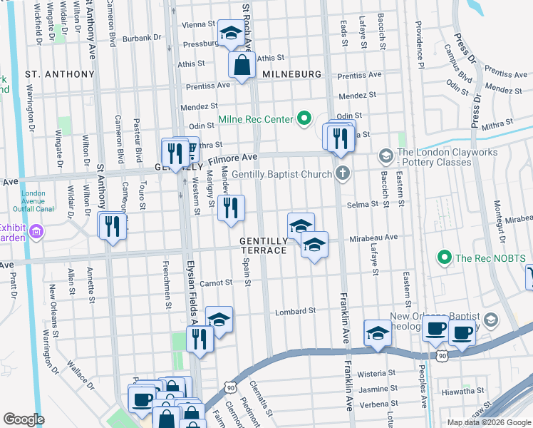 map of restaurants, bars, coffee shops, grocery stores, and more near 5101 Saint Roch Avenue in New Orleans