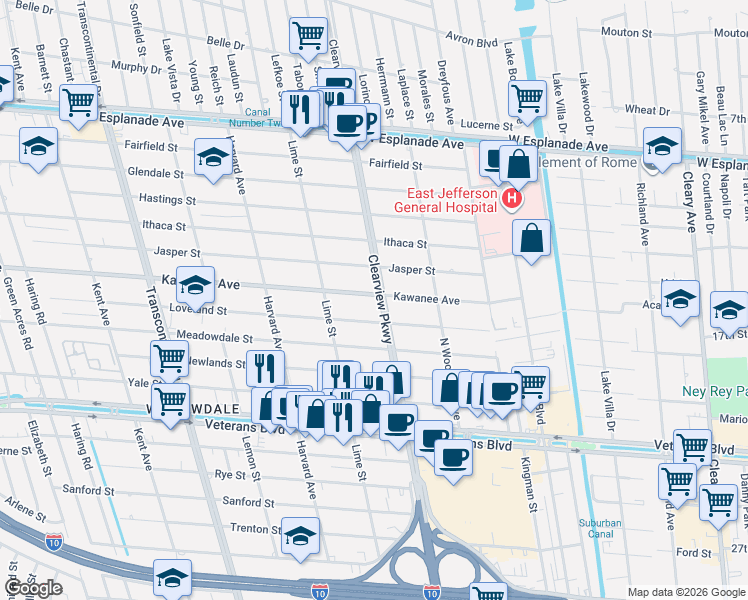 map of restaurants, bars, coffee shops, grocery stores, and more near 4633 Kawanee Avenue in Metairie