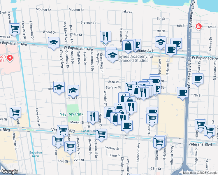 map of restaurants, bars, coffee shops, grocery stores, and more near 3738 Jean Place in Metairie