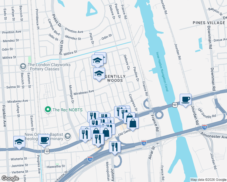 map of restaurants, bars, coffee shops, grocery stores, and more near 4827 Desire Drive in New Orleans