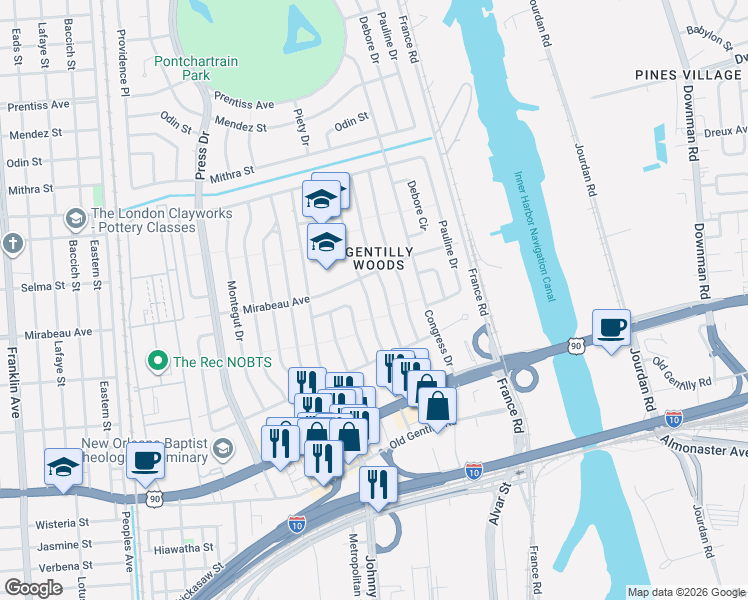 map of restaurants, bars, coffee shops, grocery stores, and more near 4827 Desire Drive in New Orleans