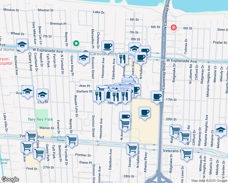 map of restaurants, bars, coffee shops, grocery stores, and more near 3336 Edenborn Avenue in Metairie