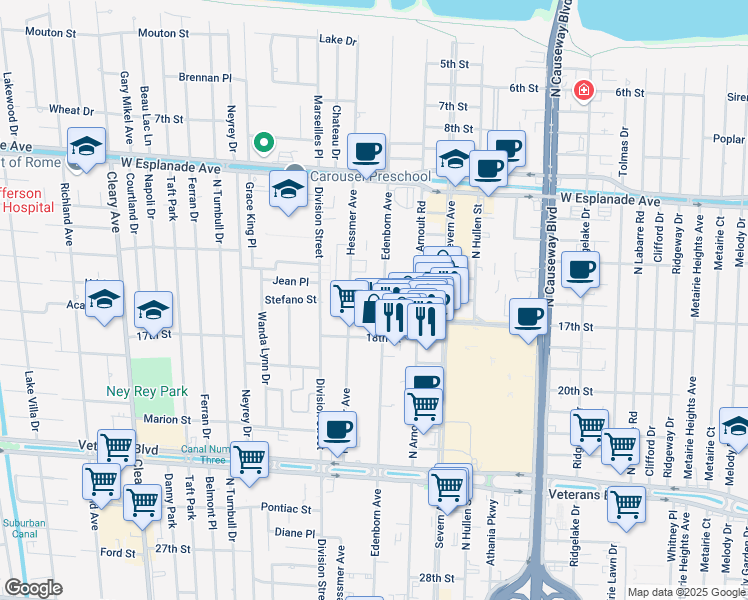 map of restaurants, bars, coffee shops, grocery stores, and more near 3336 Edenborn Avenue in Metairie