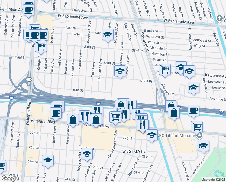 map of restaurants, bars, coffee shops, grocery stores, and more near 2921 Maryland Avenue in Kenner