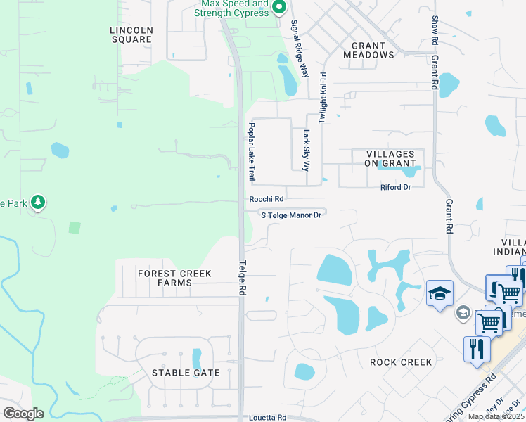 map of restaurants, bars, coffee shops, grocery stores, and more near 15906 South Telge Manor Drive in Cypress