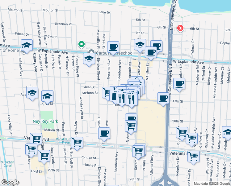 map of restaurants, bars, coffee shops, grocery stores, and more near 3336 Edenborn Avenue in Metairie