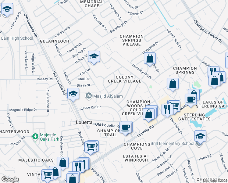 map of restaurants, bars, coffee shops, grocery stores, and more near 9323 Towerstone Drive in Spring