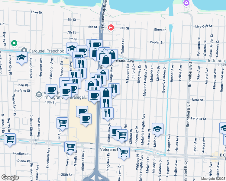 map of restaurants, bars, coffee shops, grocery stores, and more near 3349 Ridgelake Drive in Metairie