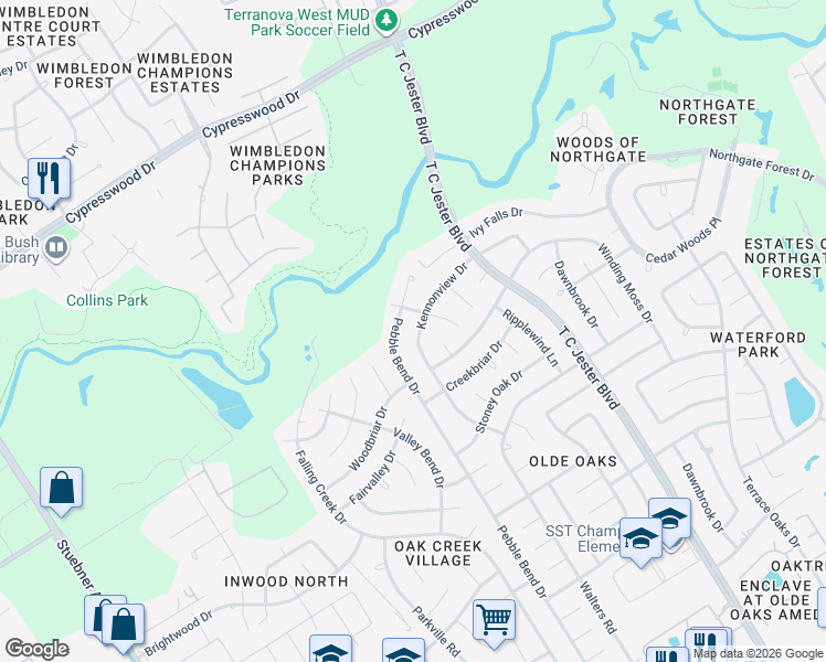 map of restaurants, bars, coffee shops, grocery stores, and more near 3510 Kennonview Drive in Houston