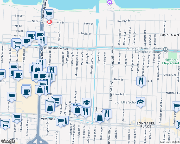 map of restaurants, bars, coffee shops, grocery stores, and more near 1129 Beverly Garden Drive in Metairie