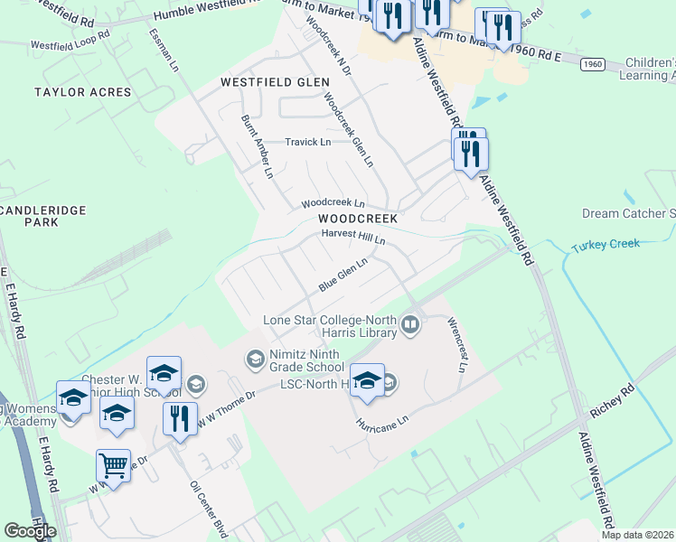 map of restaurants, bars, coffee shops, grocery stores, and more near 2911 Blue Glen Lane in Houston
