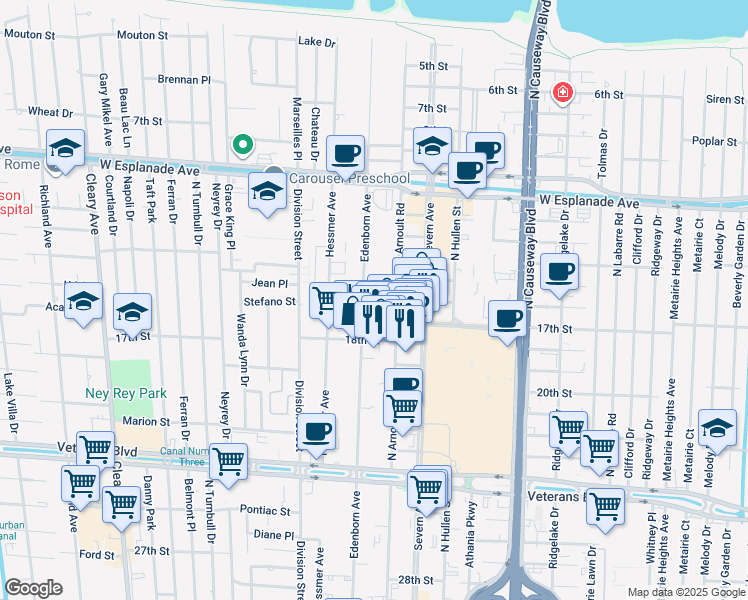 map of restaurants, bars, coffee shops, grocery stores, and more near 3321 Edenborn Avenue in Metairie