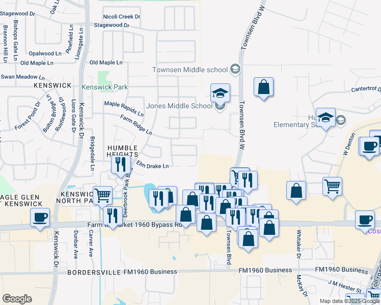 map of restaurants, bars, coffee shops, grocery stores, and more near 9102 Plume Tree Drive in Humble