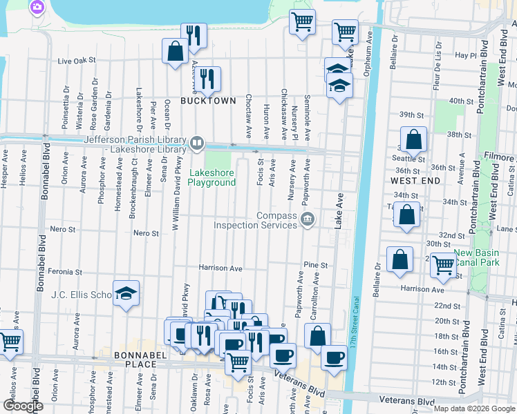 map of restaurants, bars, coffee shops, grocery stores, and more near 1360 Focis Street in Metairie