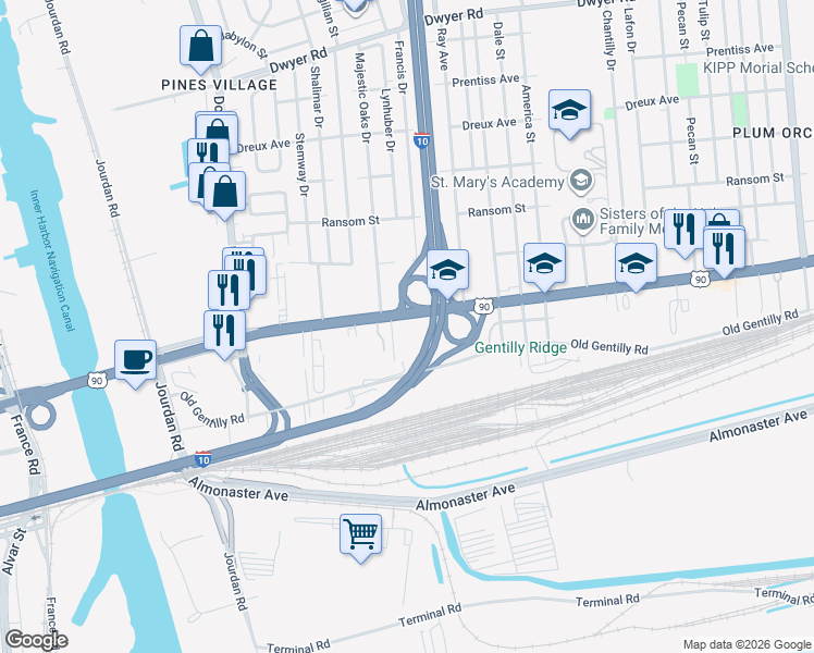 map of restaurants, bars, coffee shops, grocery stores, and more near 6232 U.S. 90 in New Orleans
