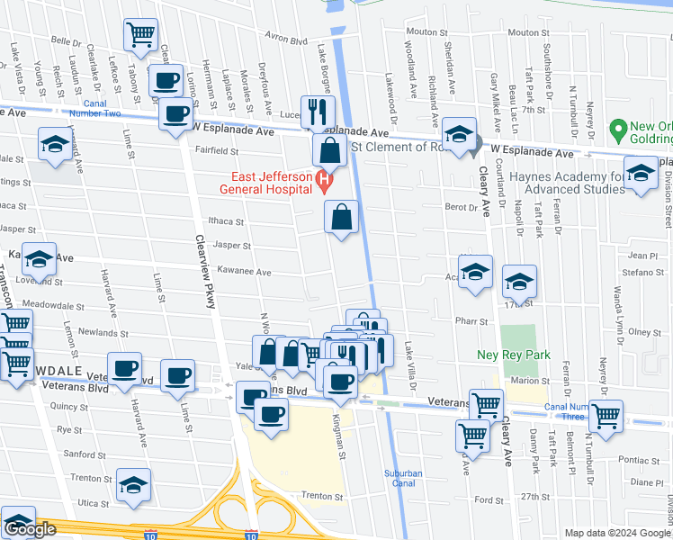 map of restaurants, bars, coffee shops, grocery stores, and more near 3805 Houma Boulevard in Metairie