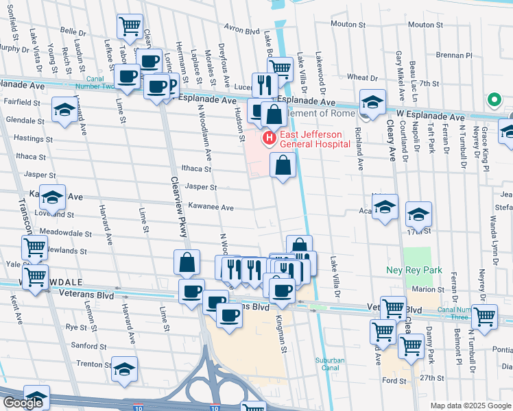map of restaurants, bars, coffee shops, grocery stores, and more near 3625 Houma Boulevard in Metairie