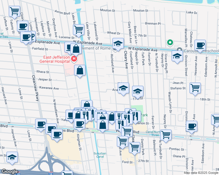map of restaurants, bars, coffee shops, grocery stores, and more near 3908 Richland Avenue in Metairie
