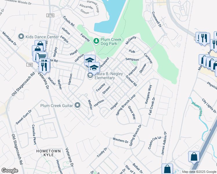 map of restaurants, bars, coffee shops, grocery stores, and more near 335 Strawn in Kyle
